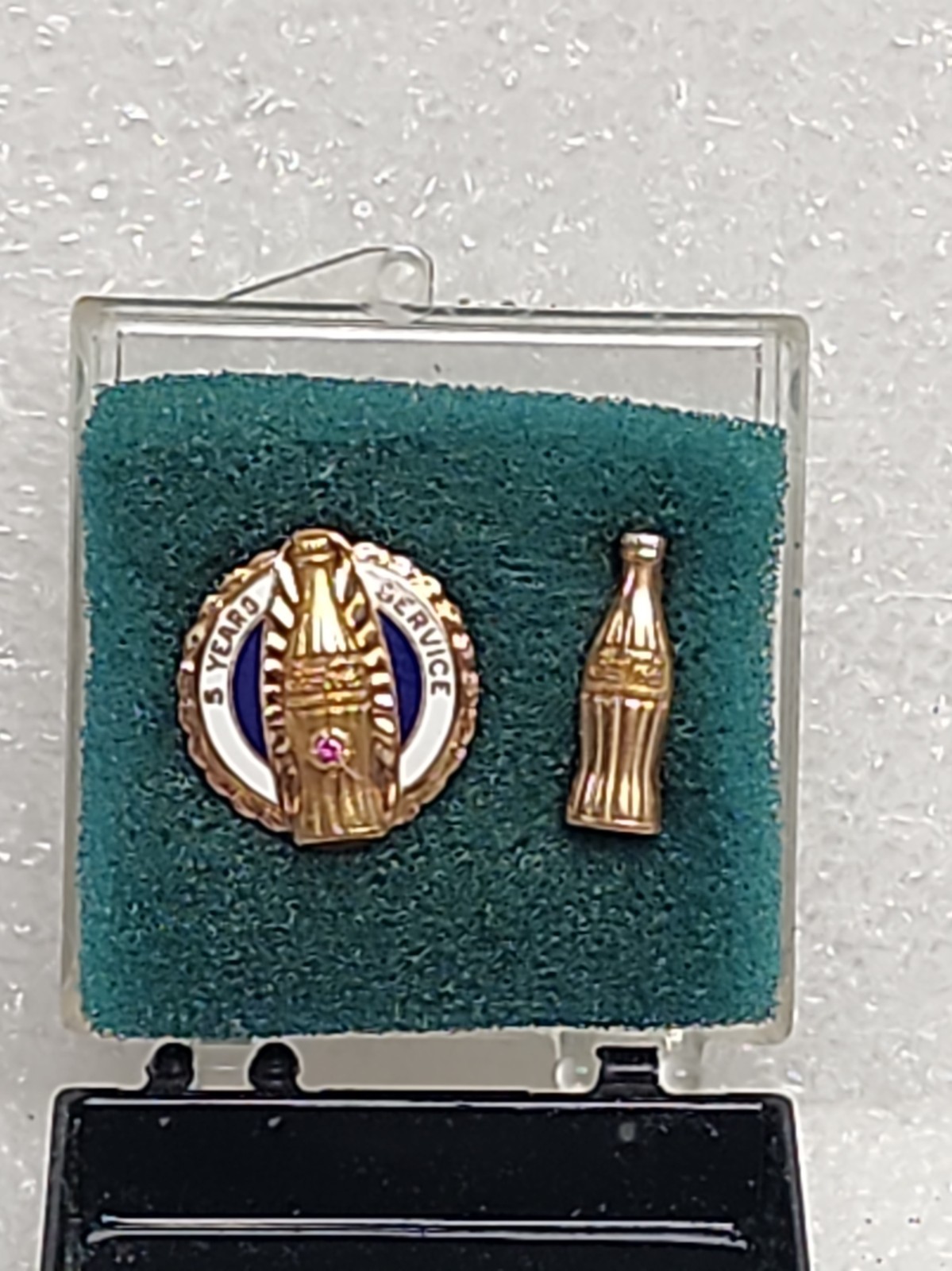 Vintage Coca-Cola Coke 5 Year Service Employee Award Pin Set 10K Gold / Ruby 