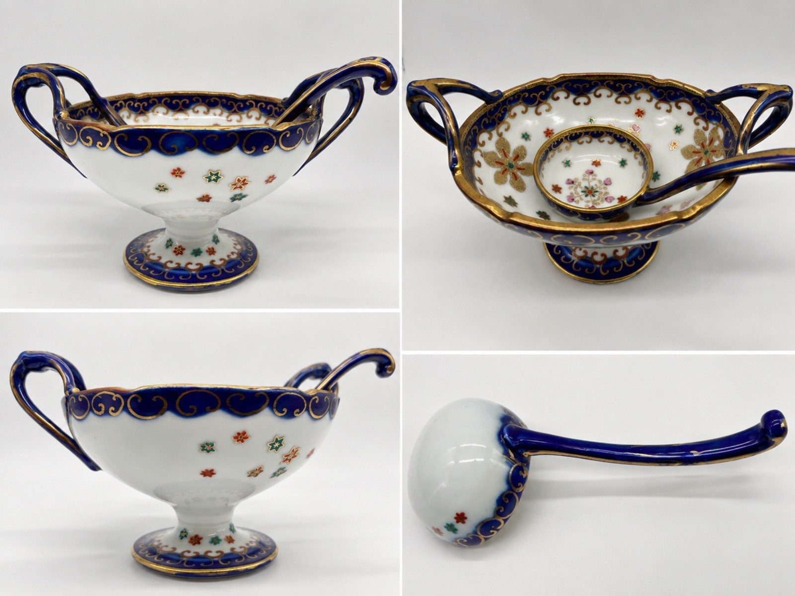 Hand Painted Japan c. 1920s–1930s Pedestal Bonbon Bowl & Matching Ladl