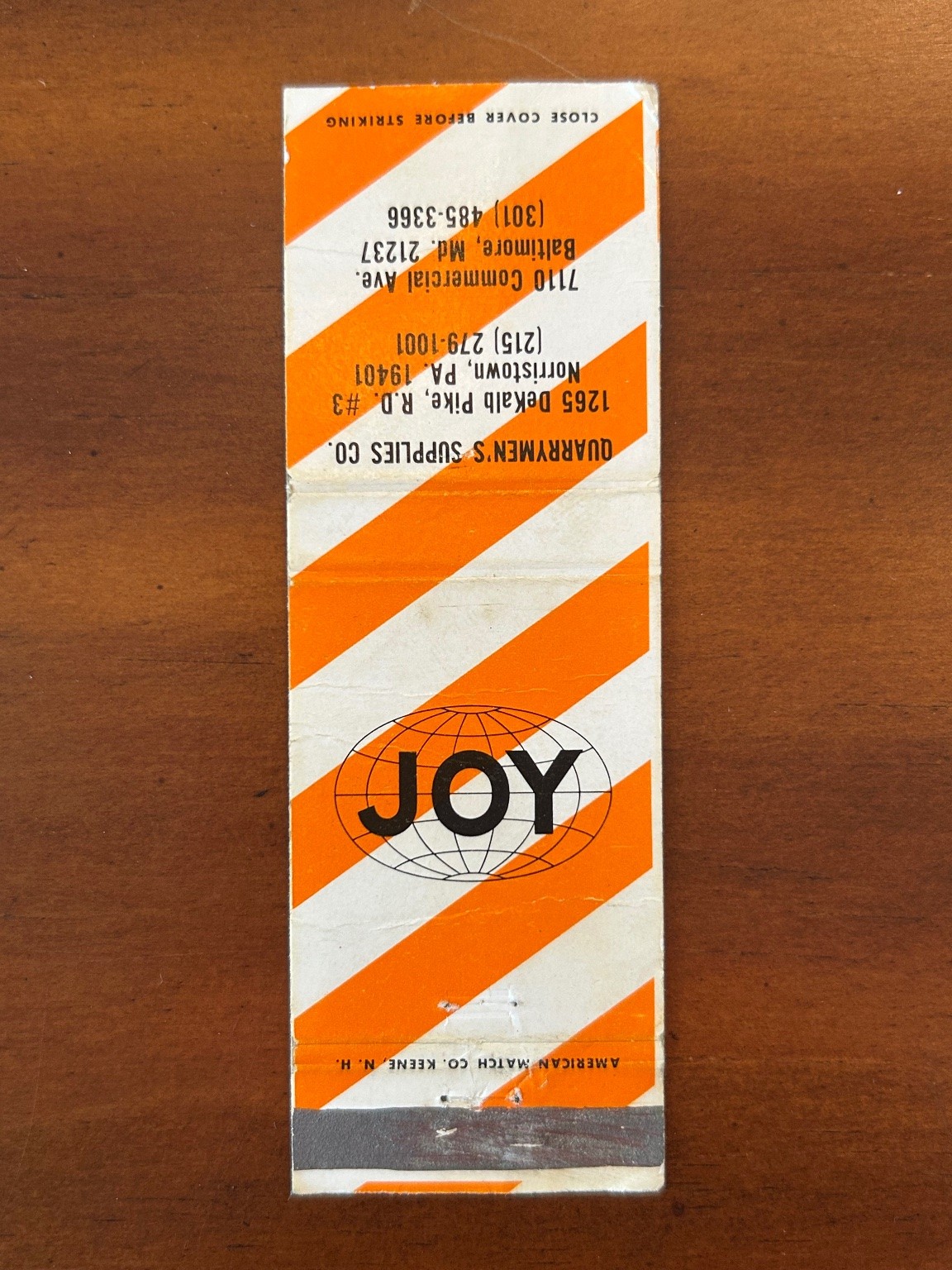Vintage JOY Quarrymen\'s Supplies Matchbook Cover 1950s American Match Co.