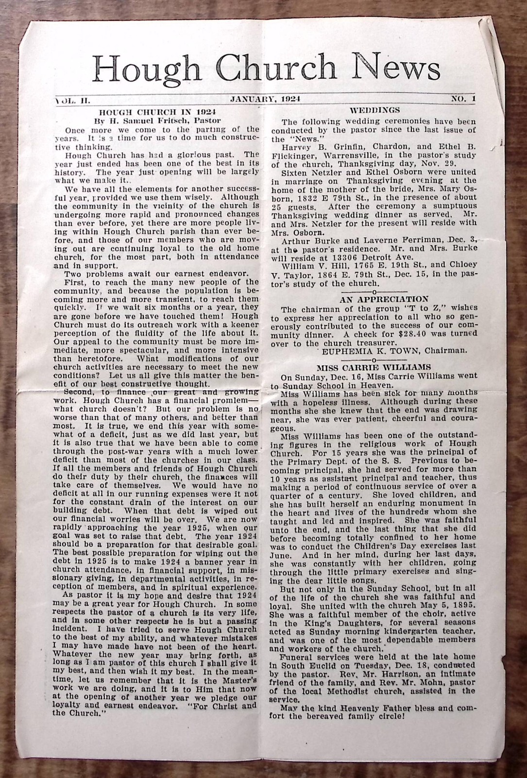 1924 CLEVELAND OHIO HOUGH CHURCH NEWS SAMUEL FRITSCH PASTOR Z5263