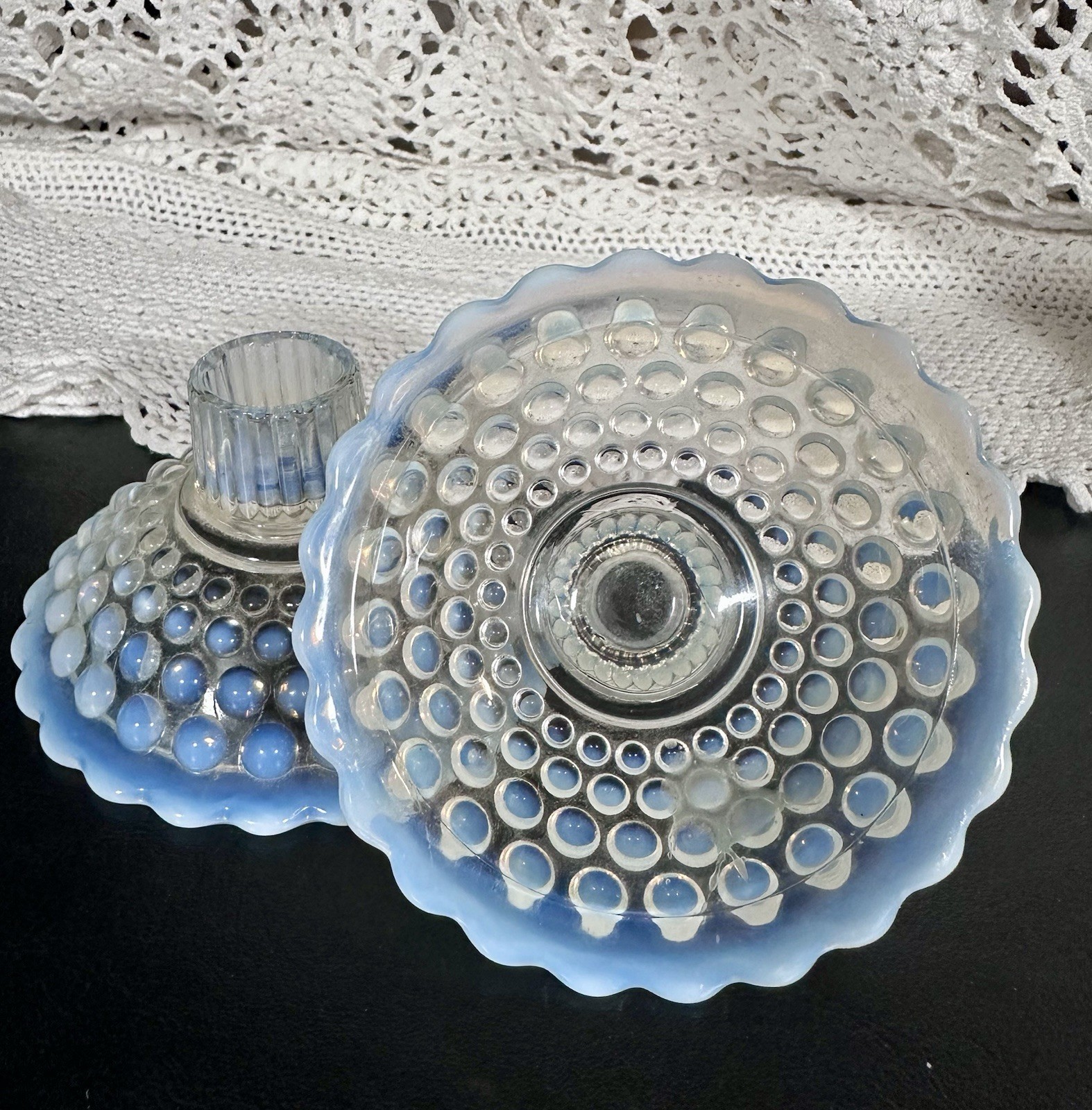 Vintage Opalescent Hobnail Moonstone Candle Holder Set White Vintage Opalescent Hobnail Moonstone Candle Holder Set White