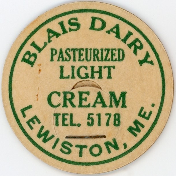 Milk Bottle Cap - Blais Dairy - Lewiston, ME (Maine) - TEL. 5178 - LIGHT CREAM