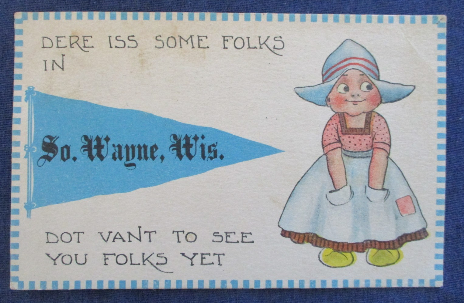 1913 South Wayne Wisconsin Dutch Kid Pennant Postcard & Browntown Cancel