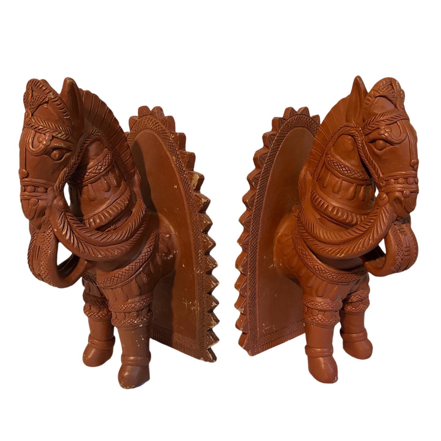 Antique Asian Hand Crafted India Bankura Red Clay Horse Bookends - West Bengal