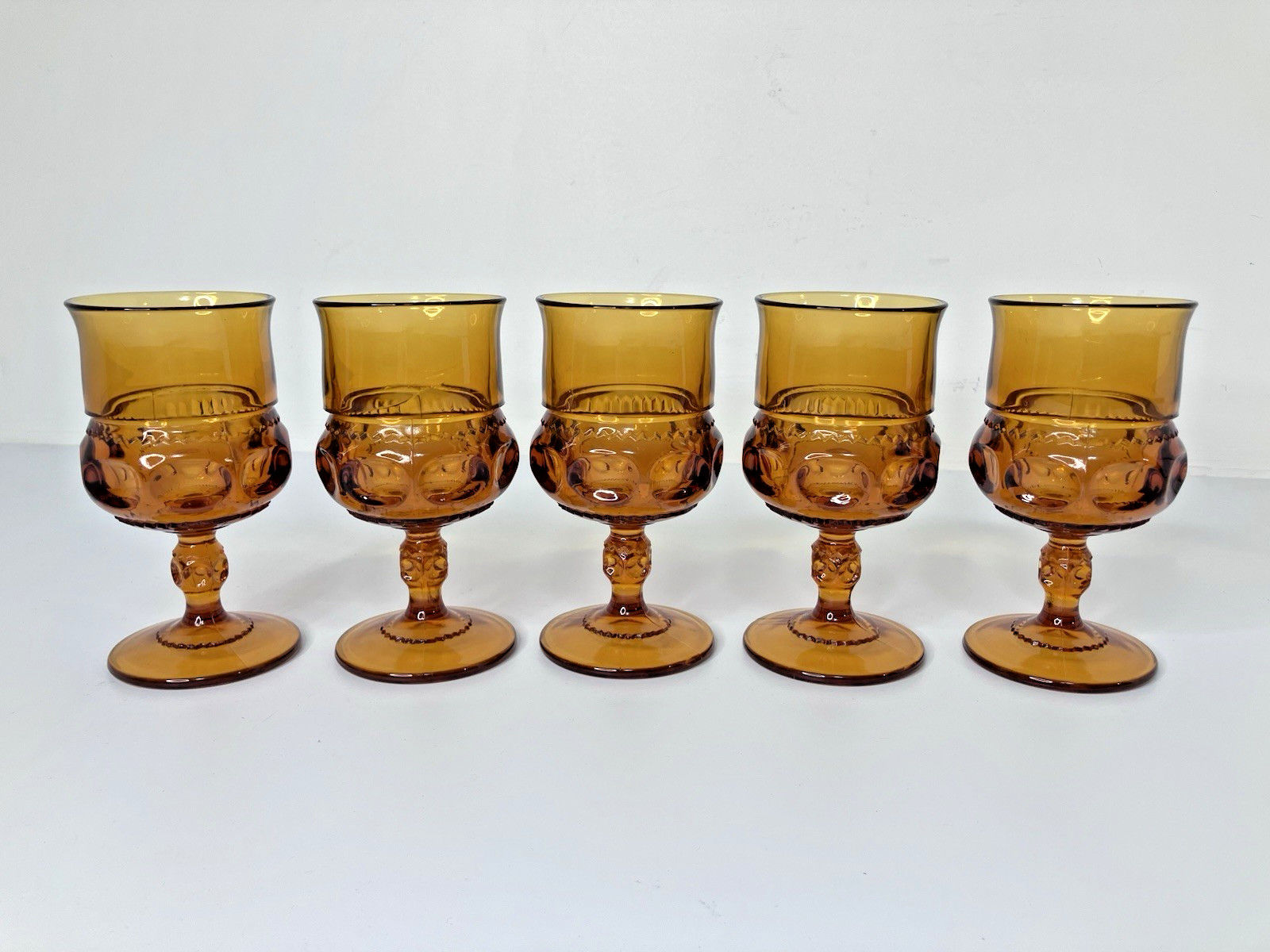 Vintage Indiana Kings Crown Thumbprint Amber Wine Glass Goblets 5 3/4” Set of 5