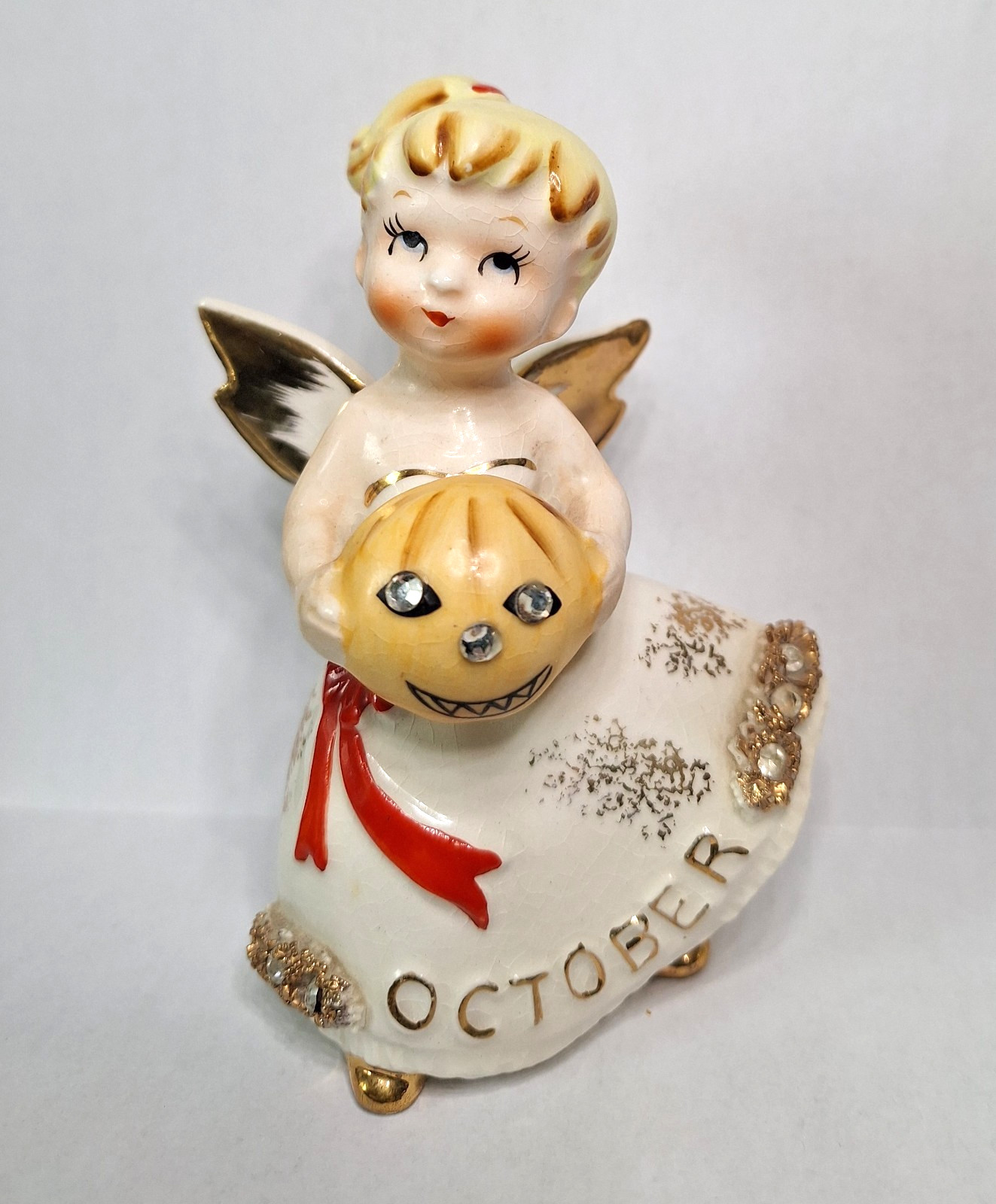 Vintage 1957 Lefton October Angel with Jack O'Lantern with Rhinestone Eyes