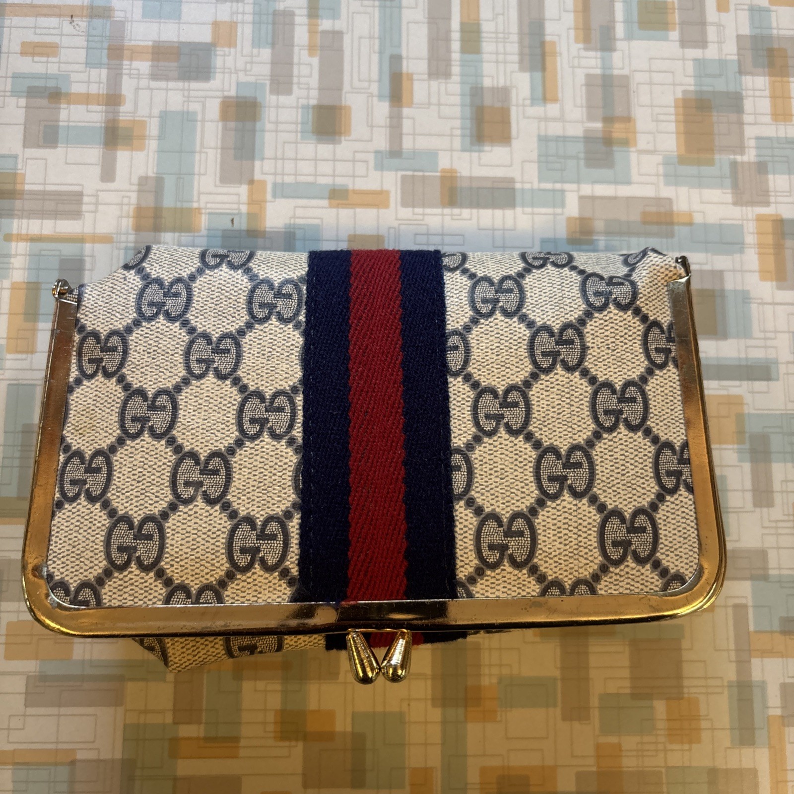 Vintage 1970s Compact Gucci Stripe Makeup Bag W/ Mirror