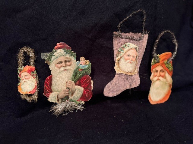 Antique German Christmas Diecut Santas Ornaments Tinsel Amazing Condition