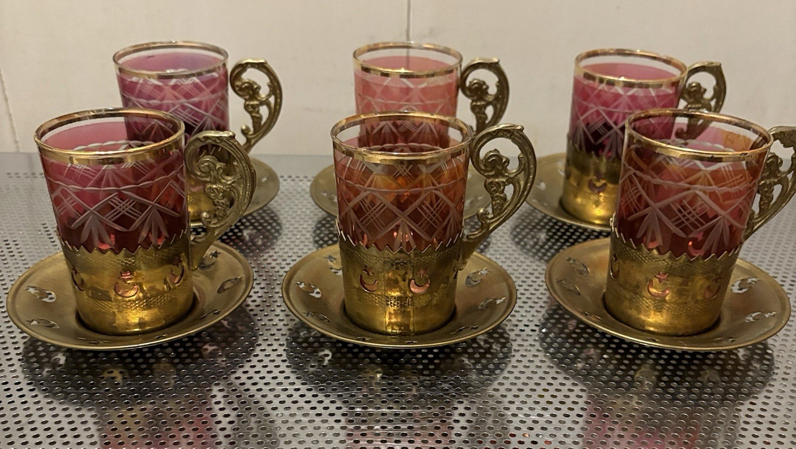 18pc Cranberry Cut To Clear Etched Teacup Glass Brass Holder Crescent Moon 1950