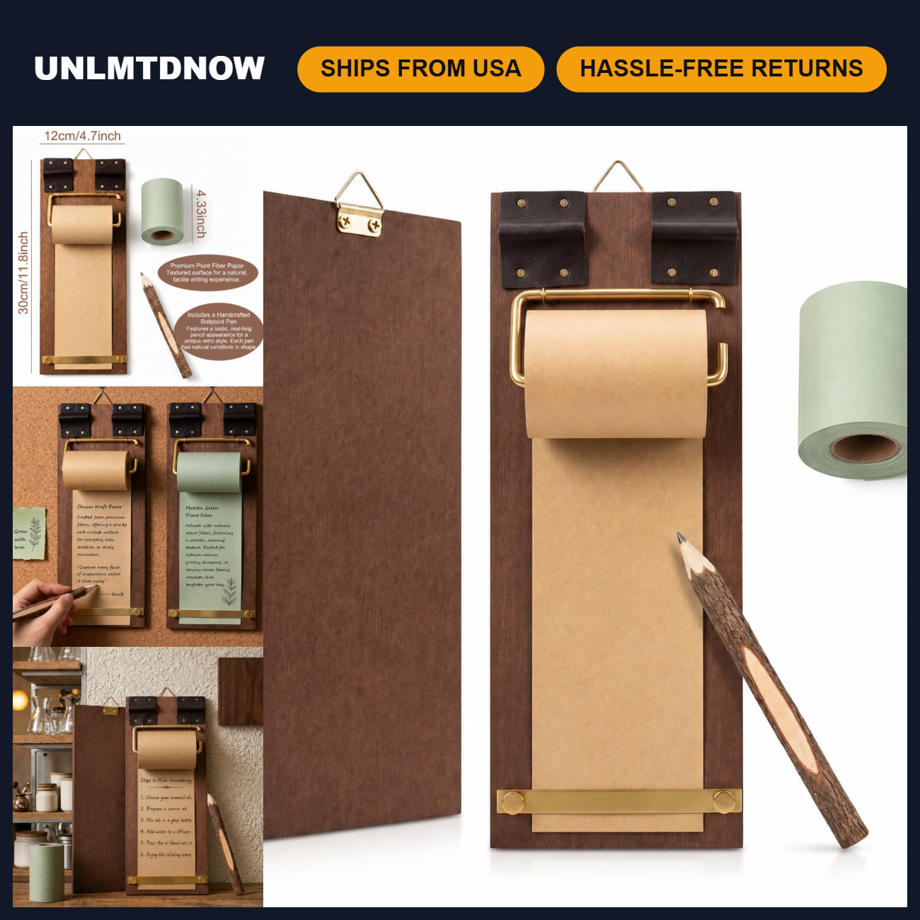 Vintage Wood Clipboard Memo Board with Roller Paper Dispenser & Pen Holder Vintage Wood Clipboard Memo Board with Roller Paper Dispenser & Pen Holder