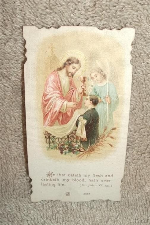 BEAUTIFUL VINTAGE JESUS SERVING COMMUNION ART PRINT JOHN 6:55 DIE-CUT HOLY CARD