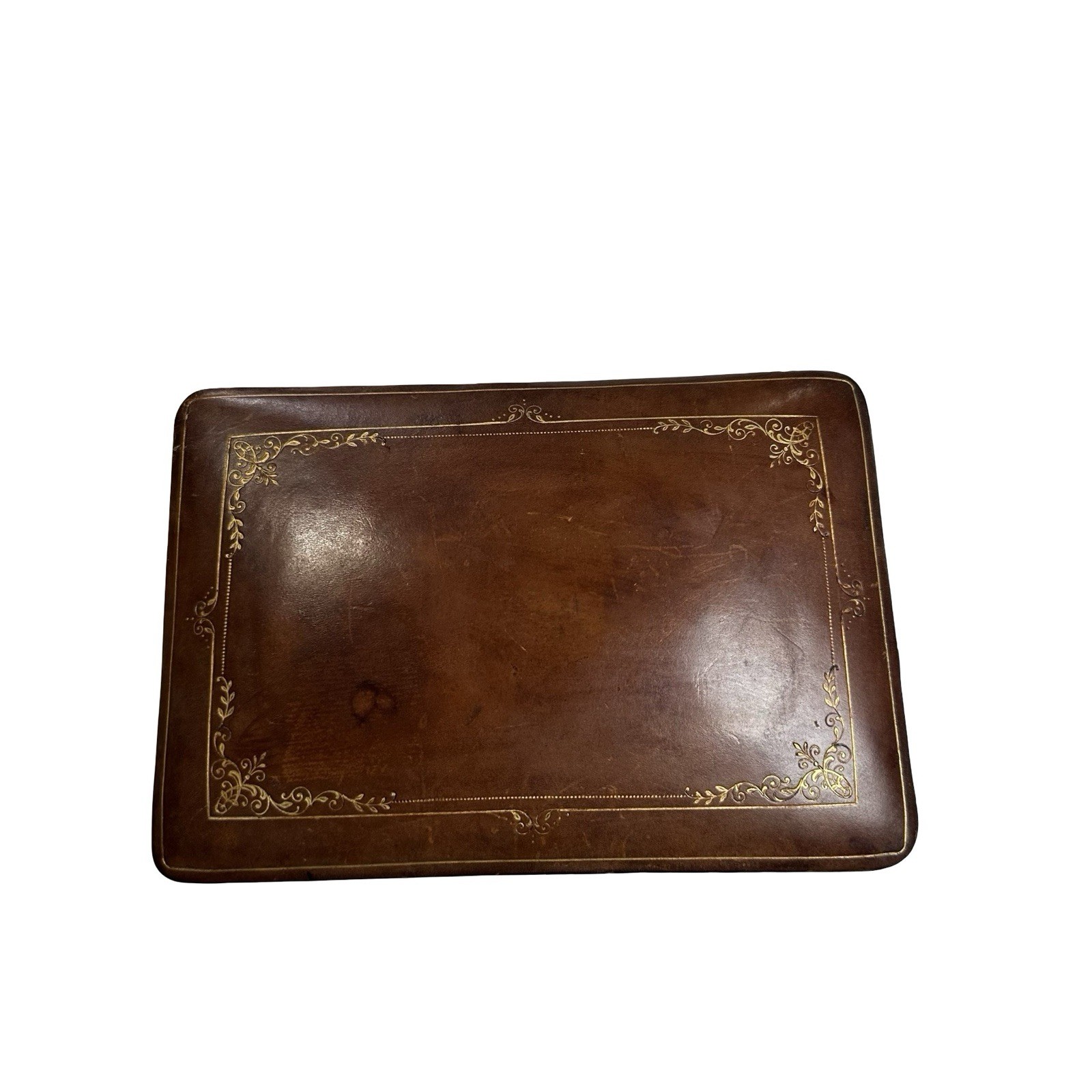 Vtg A Antinori Roma Italian Gilt Tooled Brown Leather Jewelry Desk Box Scratches