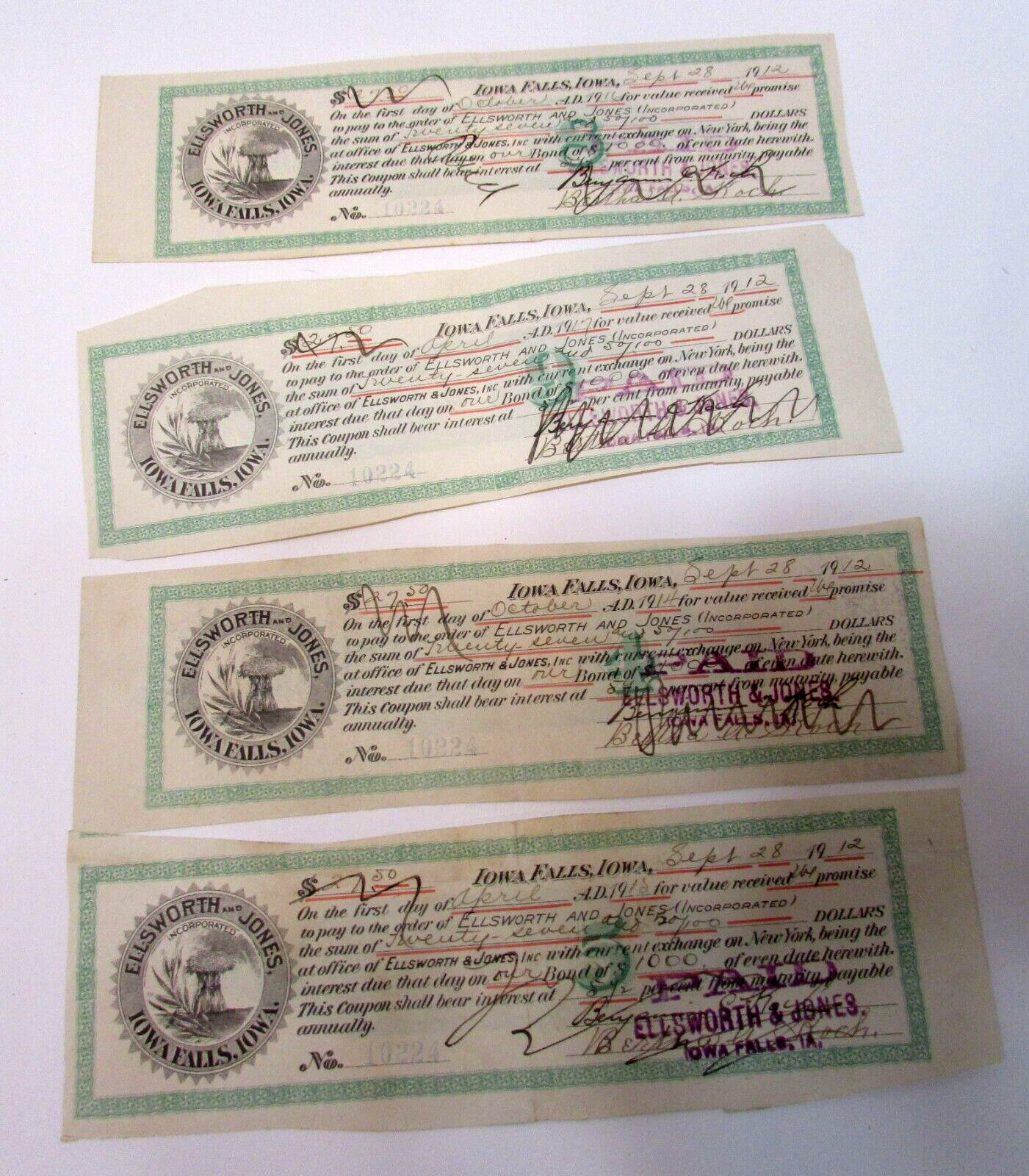 Four Old 1912 Ellsworth and Jones Iowa Falls IA Small 2x8 Antique Receipts