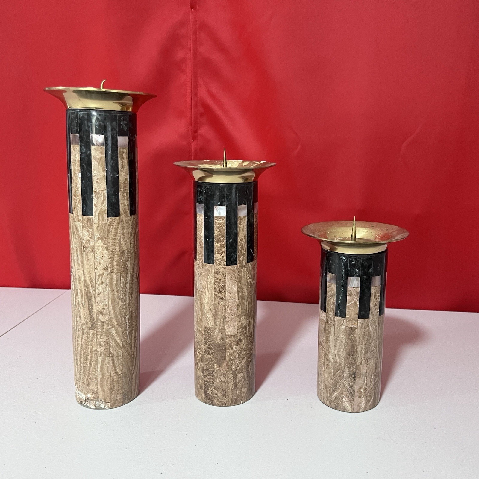 VINTAGE TESSELLATED TRAVERTINE/ONYX STONE& BRASS PILLAR CANDLESTICKS 3 SETS