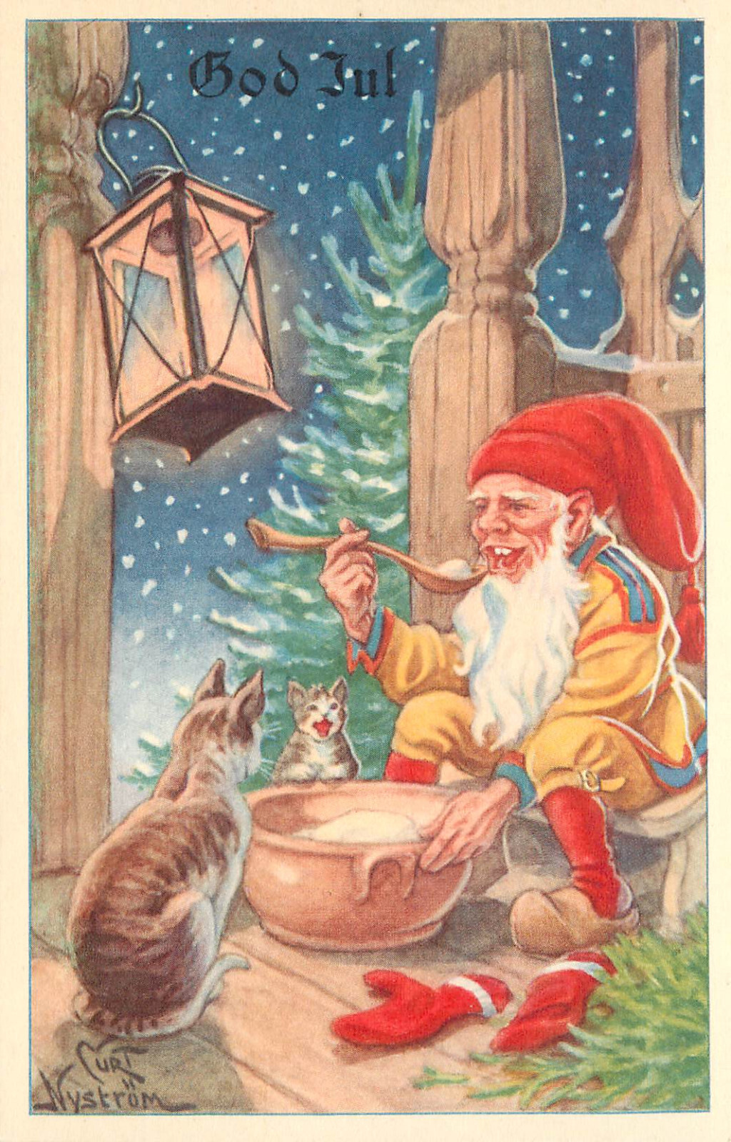 God Yul Swedish Christmas Postcard Curt Nystrom Tomte Gnome & Cats Eat Porridge