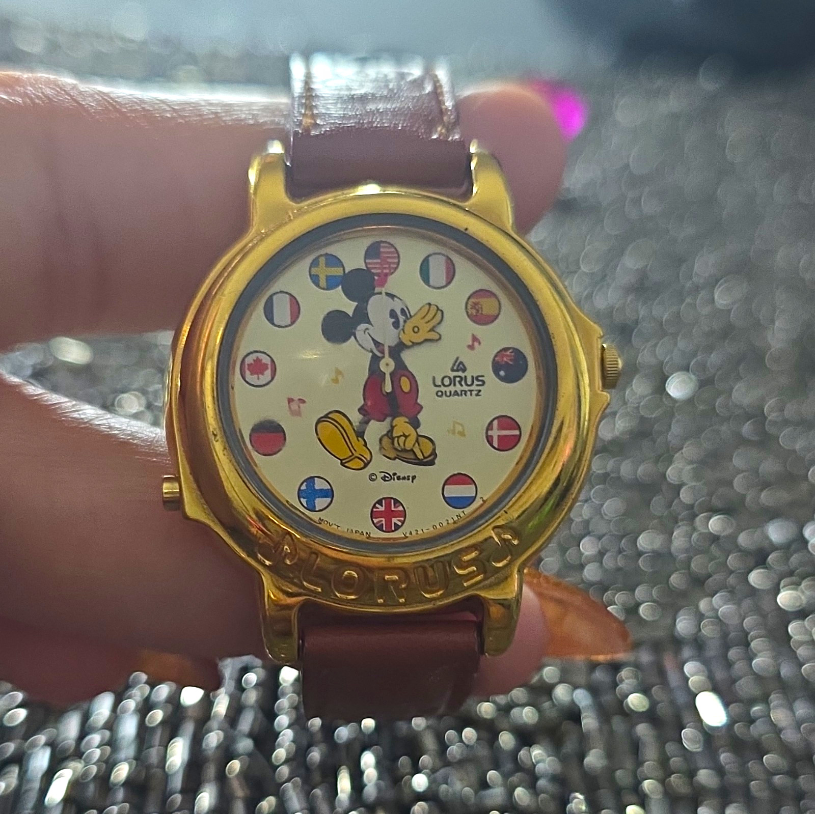 Lorus Quartz Disney Mickey Mouse Watch Brown Leather Strap Gold Tone Case