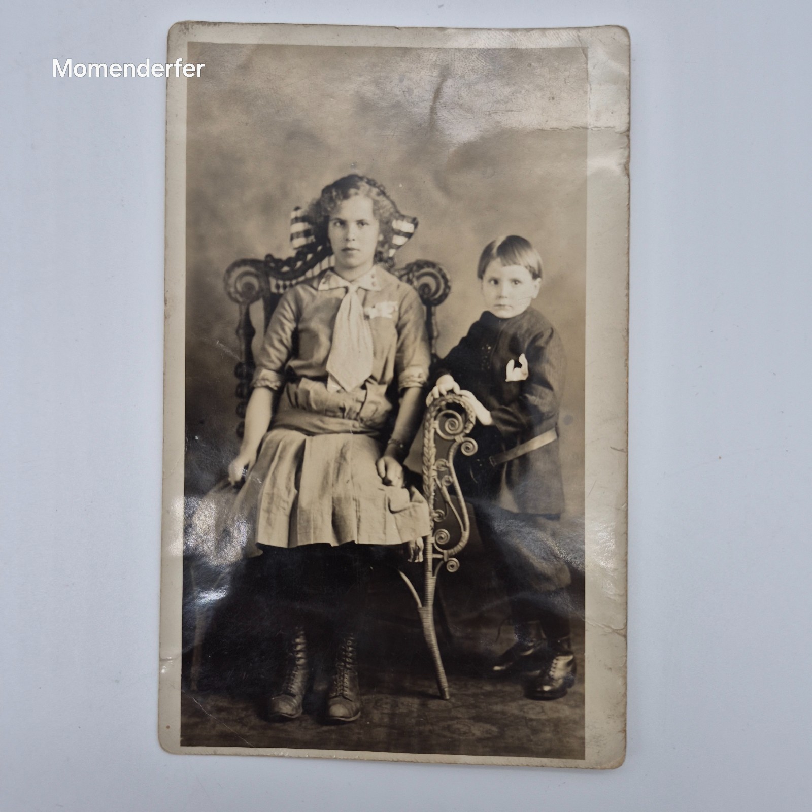 RPPC Girl & Boy Wicker Chair Roger's Studio Port Arthur Ontario Finnish c1915