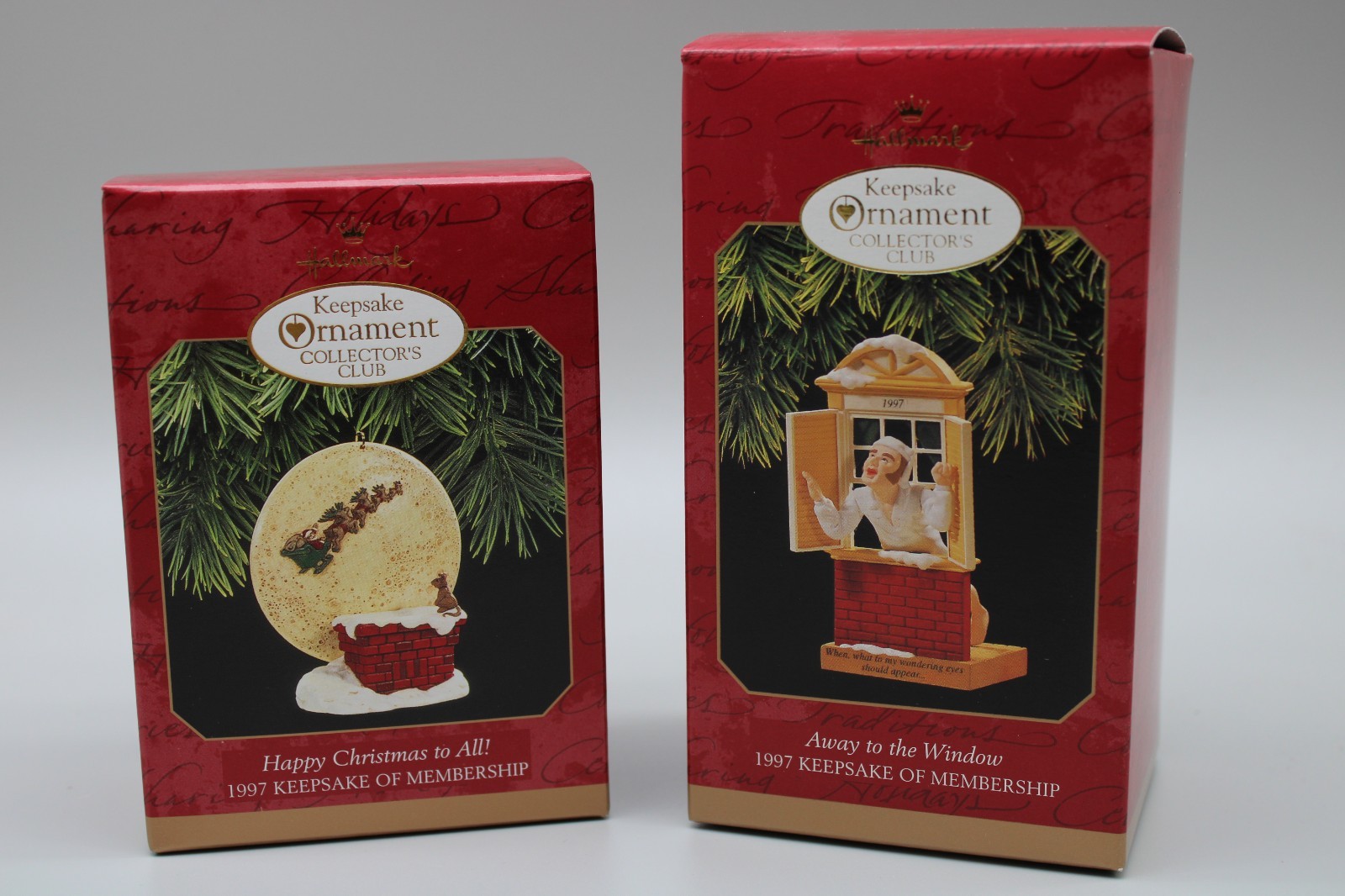Hallmark Keepsake Club 1997 Happy Xmas to All & Away to the Window ornaments new Hallmark Keepsake Club 1997 Happy Xmas to All & Away to the Window ornaments new