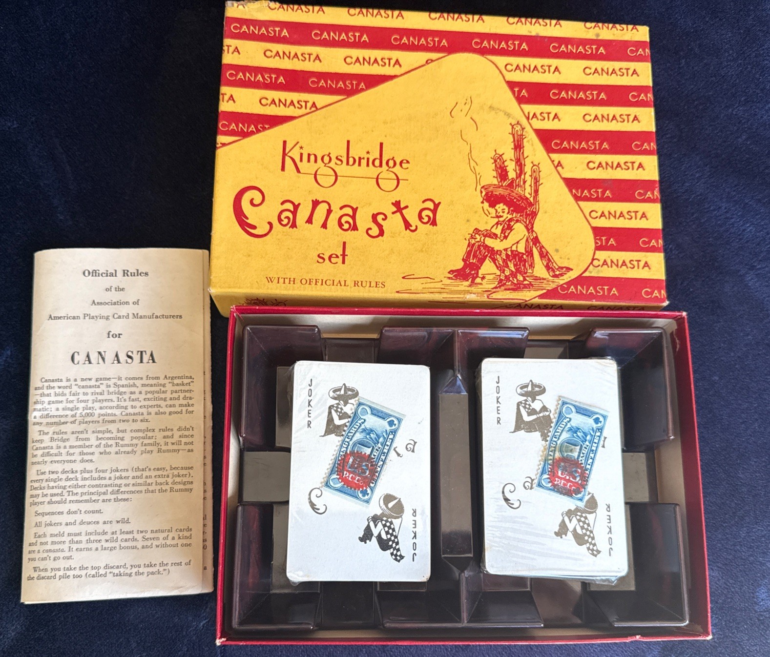 1951 Kingsbridge Canasta Set, Box, Instructions 2 Full Sealed Decks + Tax Stamps 1951 Kingsbridge Canasta Set, Box, Instructions 2 Full Sealed Decks + Tax Stamps