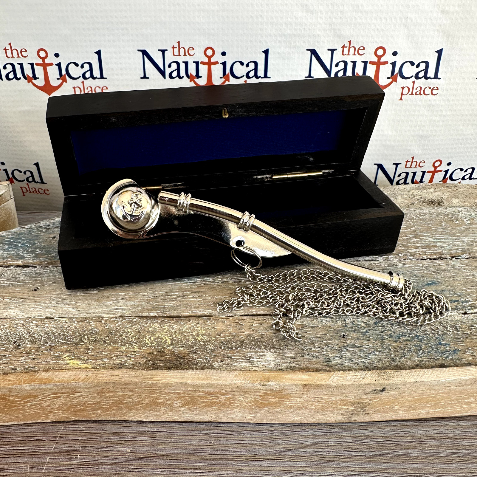 Brass Bosun Call Pipe w Chain & Wood Box - Silver Boatswain Whistle Necklace