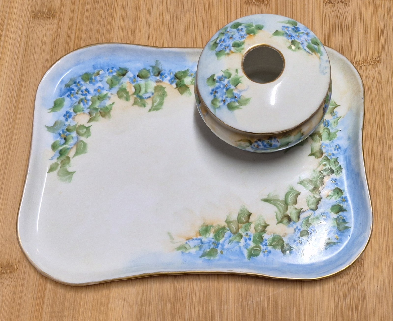Antique 1913 Limoges France Tray Weimar Germany Hair Receiver Forget-Me-Not READ