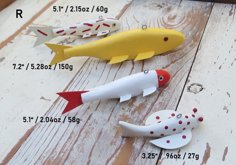 4 Folk Art Handmade/Painted Wood Fish Decoys Spearing/Ice Fishing Weighted (R)
