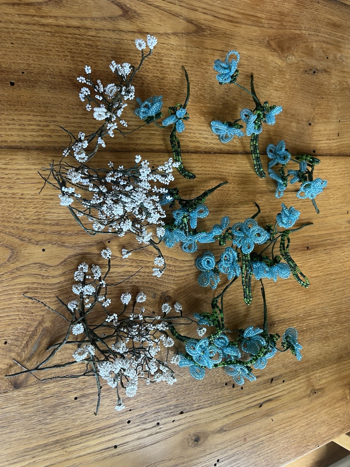 Bunches GORGEOUS OLD Vintage French WHITE & BLUE GLASS BEADED FLOWERS on Stems Bunches GORGEOUS OLD Vintage French WHITE & BLUE GLASS BEADED FLOWERS on Stems