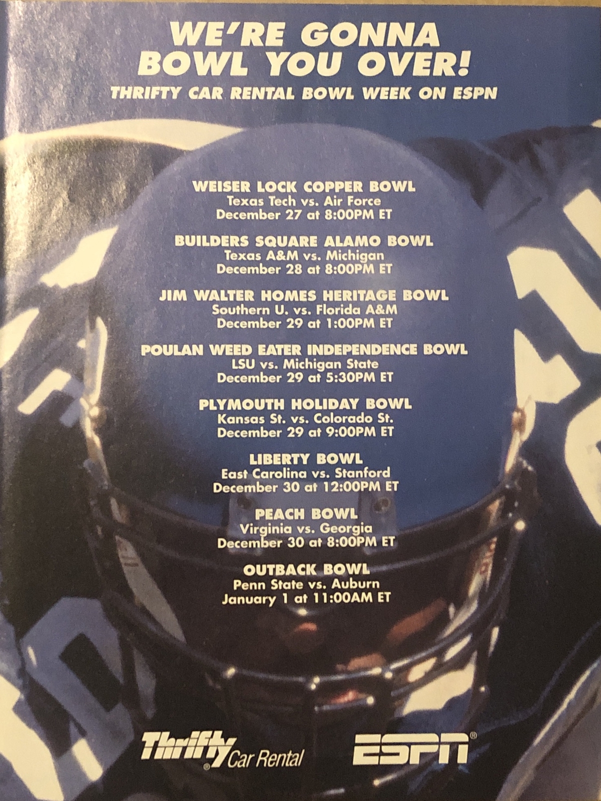 1996 ESPN College Football Bowl Week PRINT AD Thrifty Car Rental VTG 1990s