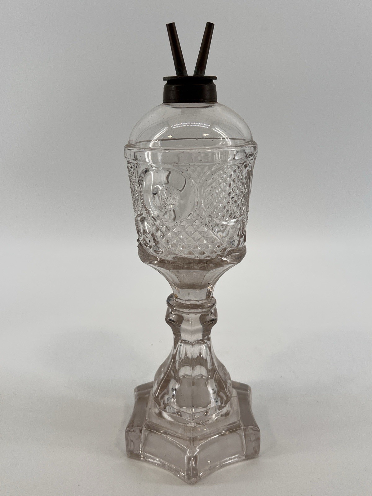 Antique 19th C. American Glass Co. Pressed Glass Whale Oil Lamp Double Burner