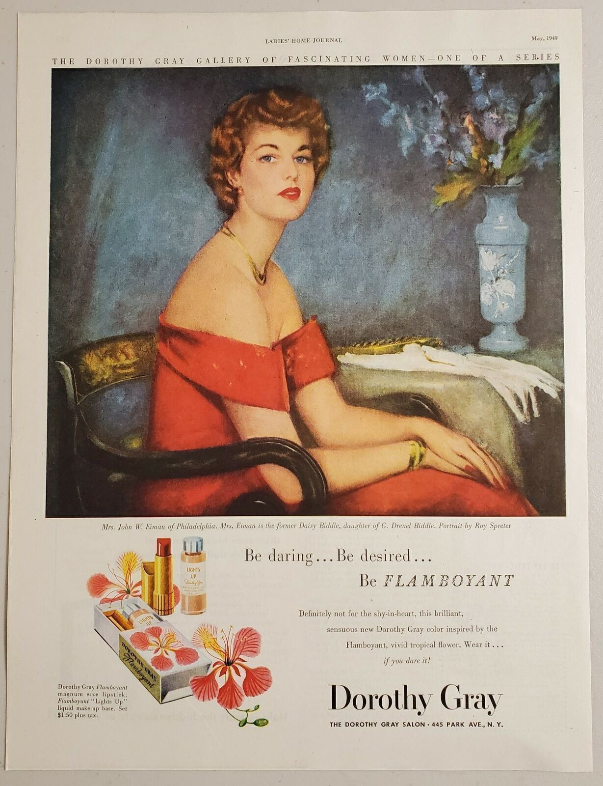 1949 Print Ad Dorothy Gray Flamboyant Lipstick Painting Daisy Biddle 