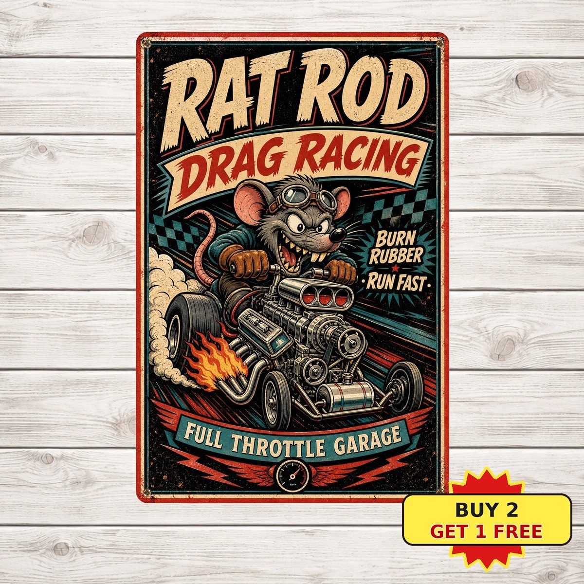Vintage Hot Rod Mouse Racing Tin Sign Garage Wall Art Decor