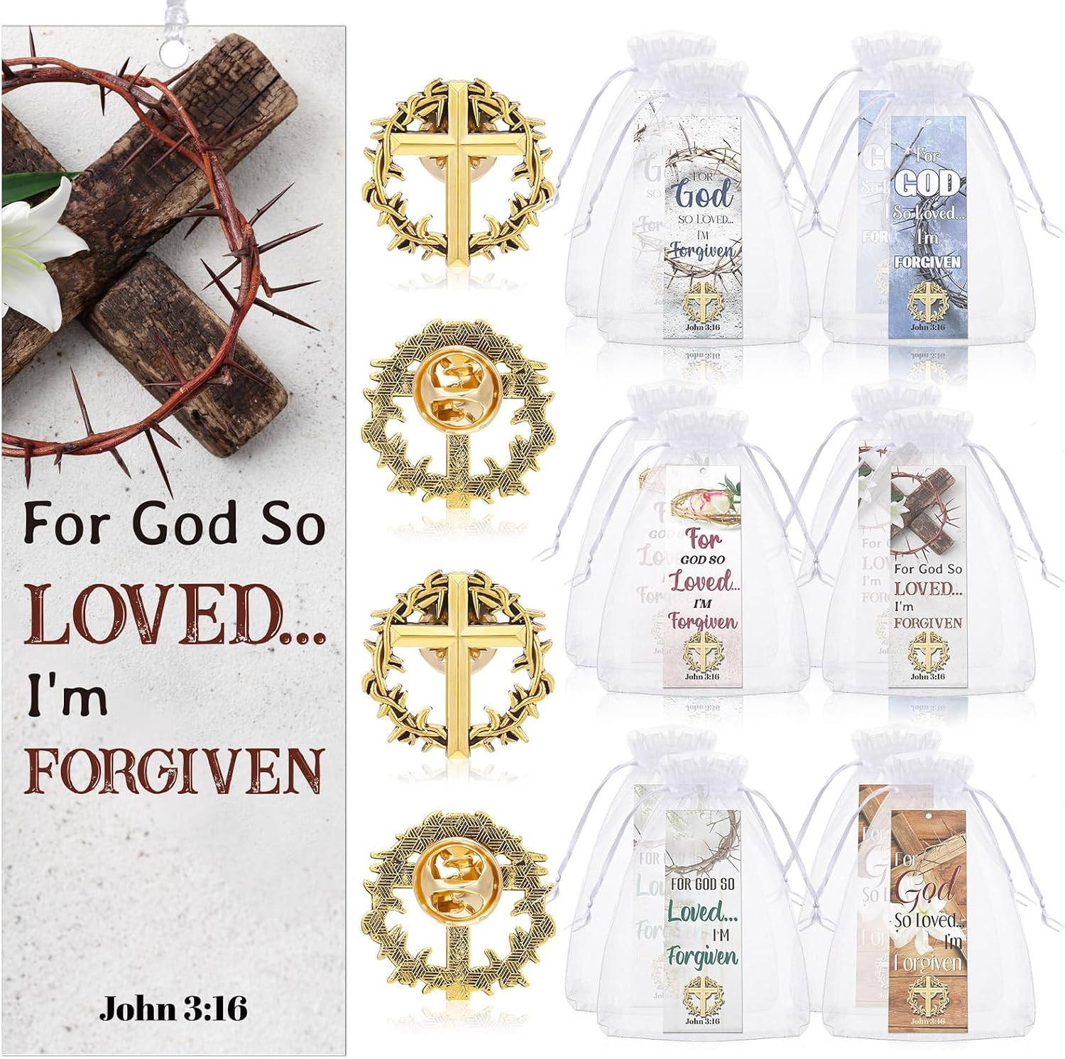 24 Pcs/12 Sets Crown of Thorns Lapel Pins with John 3: 16 Bookmark