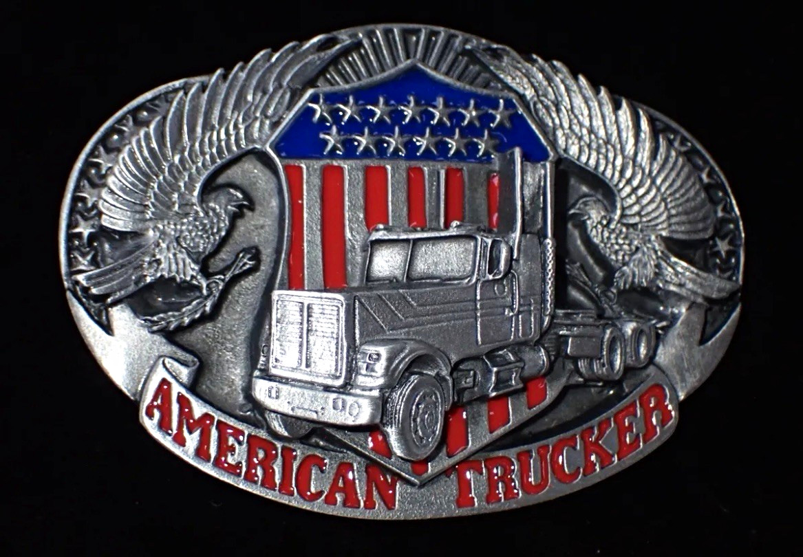 American Trucker Semi Truck Belt Buckle with Eagle & Flag Design