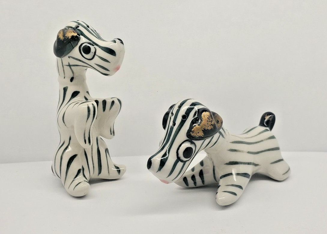 Vintage Ceramic Striped Dog Salt & Pepper Shakers - Made In Japan - Set Of Two Vintage Ceramic Striped Dog Salt & Pepper Shakers - Made In Japan - Set Of Two