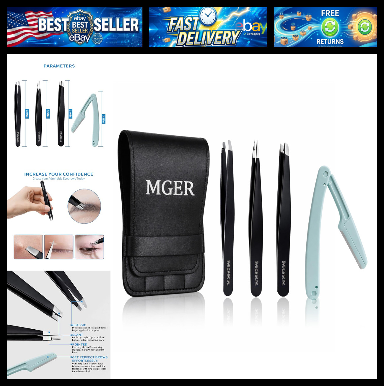 MGER Tweezers Set - Professional Stainless Steel Tweezers for Eyebrows - Great P
