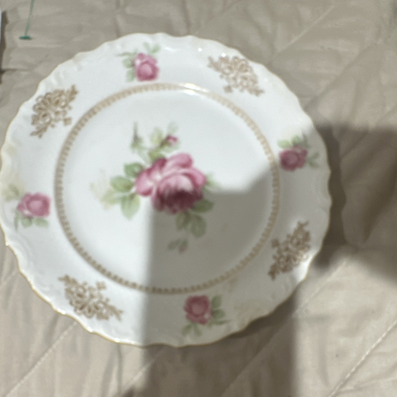 Schumann Bavaria German Porcelain Rose Pattern Round Plate w/ Gold Trim