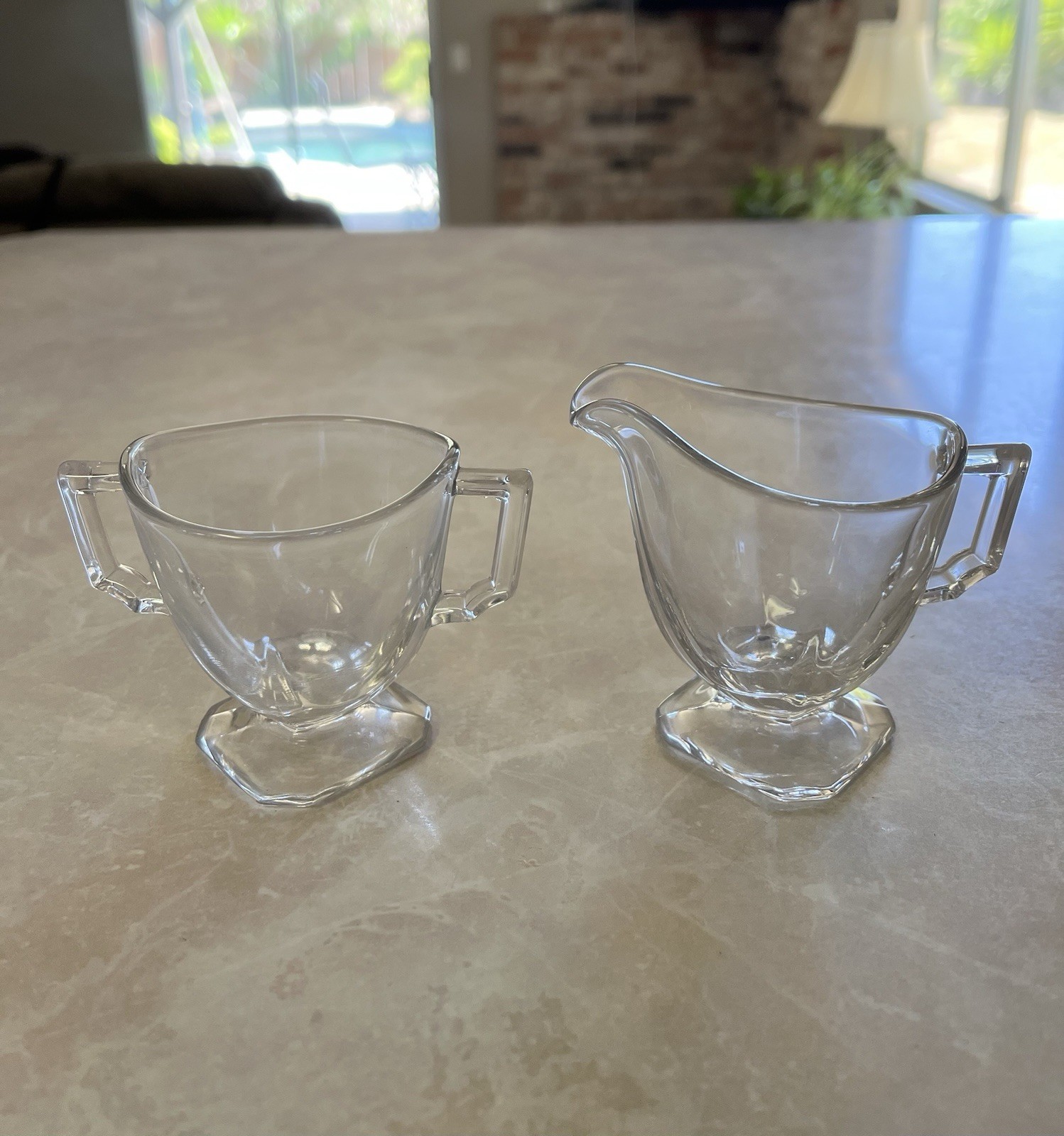Vintage Clear Glass Sugar Creamer Set Footed Pedestal Art Deco Style