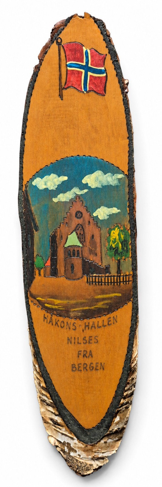 Vintage 1947 Norway Håkons Hall Bergen Bark Wood Folk Art Wall Plaque 12.5\