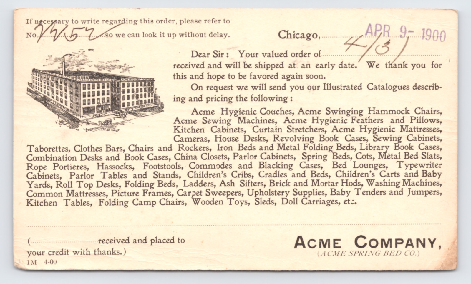 1900 Acme Company Furniture Factory Chicago IL Postal Card Order Confirmation