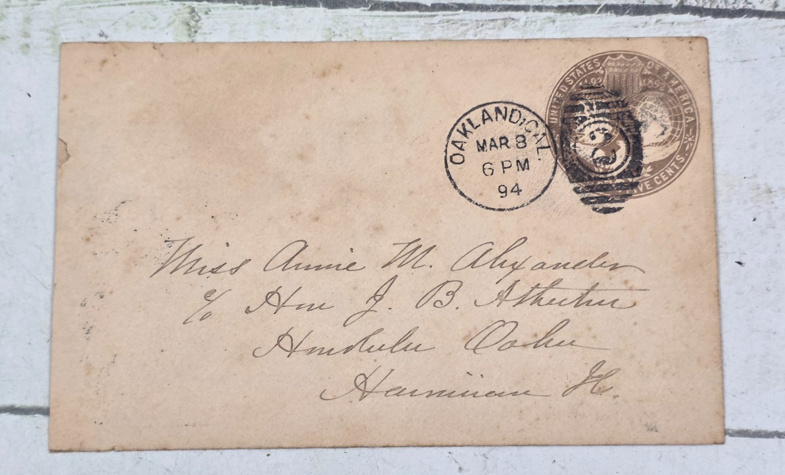 1894 Oakland CA to Hon Hawaii Postal Cover Envelope Early Hawaiian Missionary