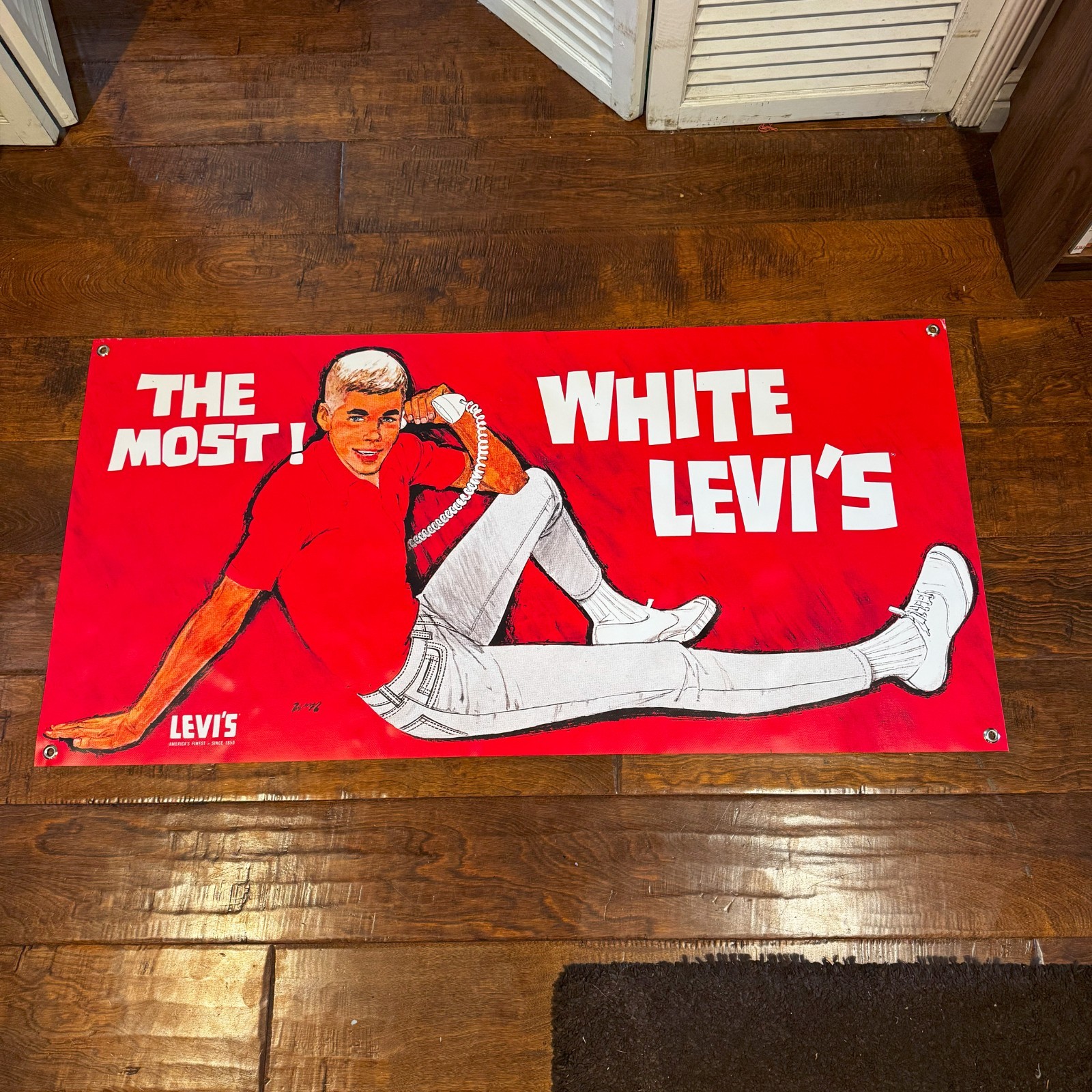 Levi’s Strauss “White Levi’s” Banner 24x48 – Vintage Style 1960s Ad Sign Poster Levi’s Strauss “White Levi’s” Banner 24x48 – Vintage Style 1960s Ad Sign Poster