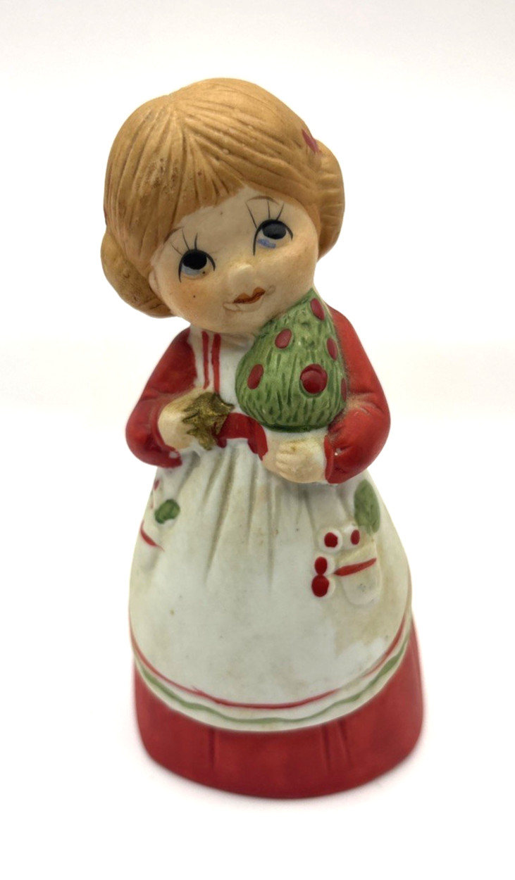 Vintage 1978 Jasco Merri Bells Porcelain Christmas Girl with Tree Figurine Bell