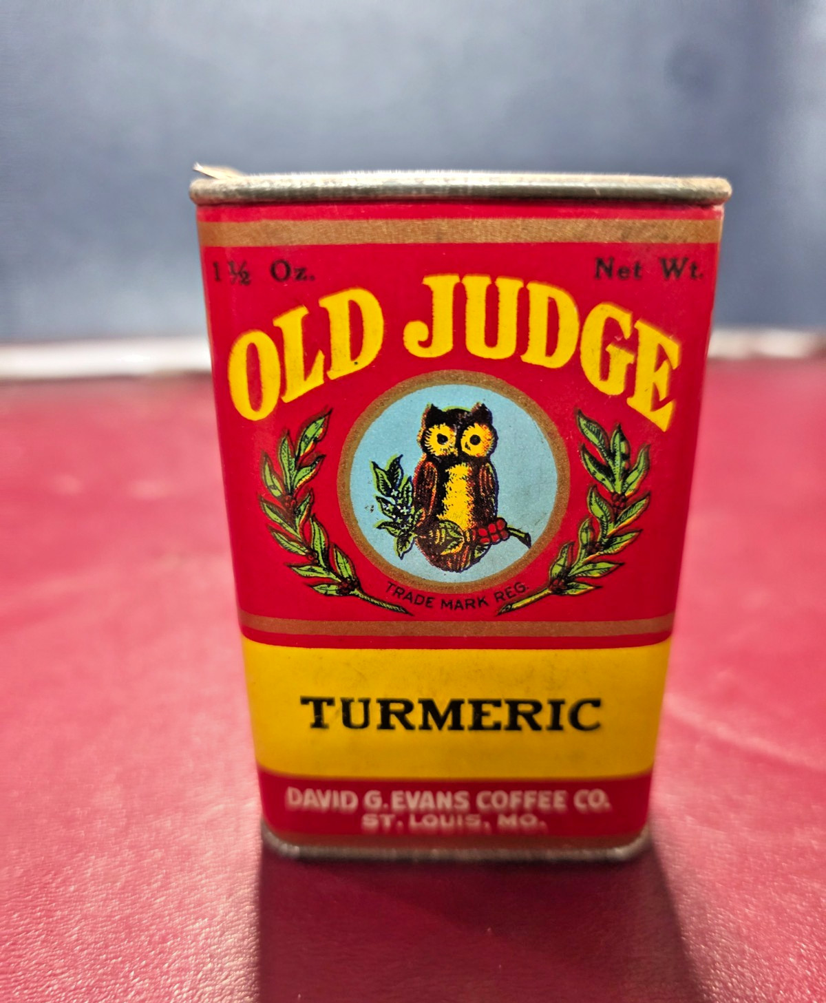 Antique OLD JUDGE TURMERIC TIN Paper Label DAVID G. EVANS COFFEE St. Louis MO