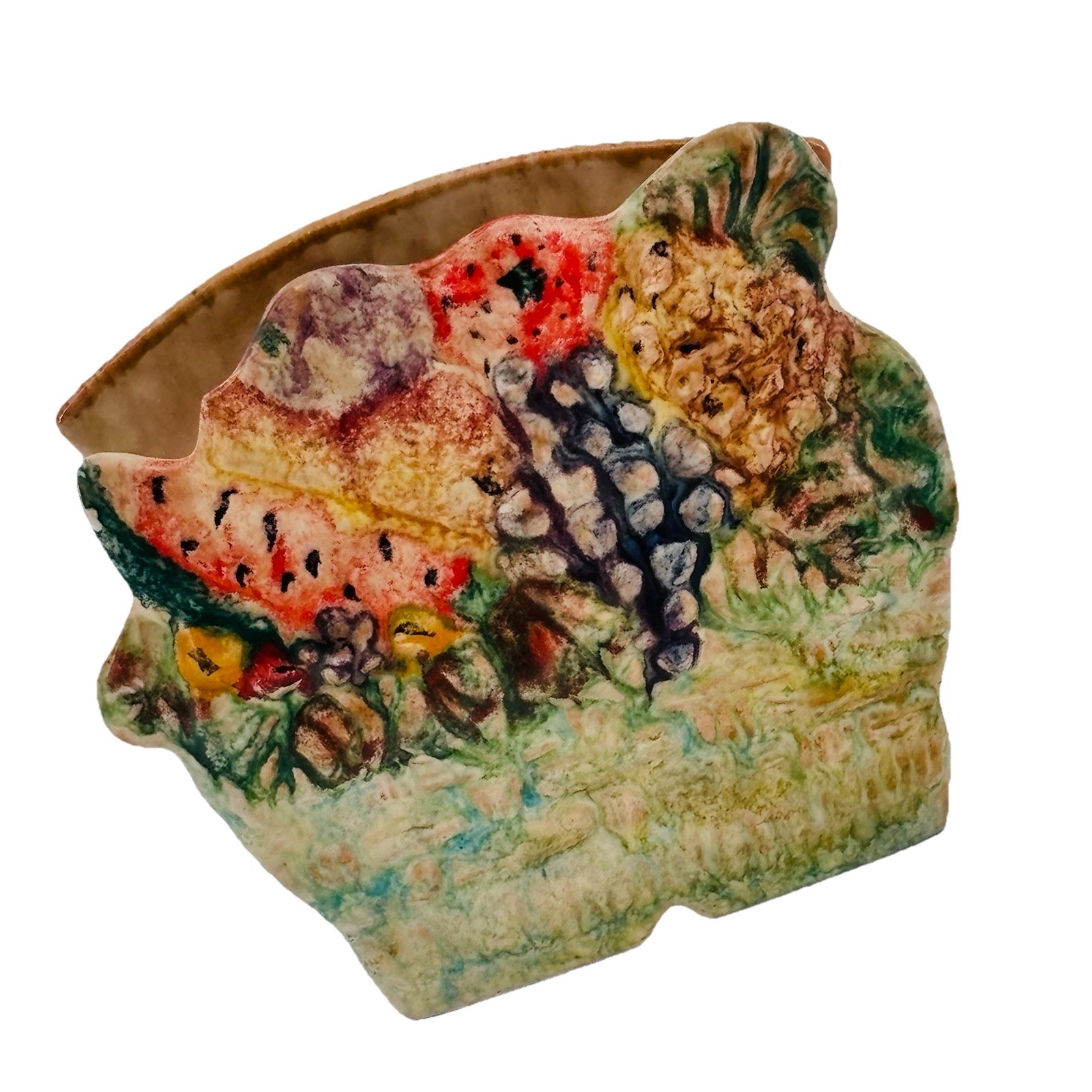 Italian Hand Painted Ceramic Vintage Fruit Basket Napkin Holder Majolica Style Italian Hand Painted Ceramic Vintage Fruit Basket Napkin Holder Majolica Style