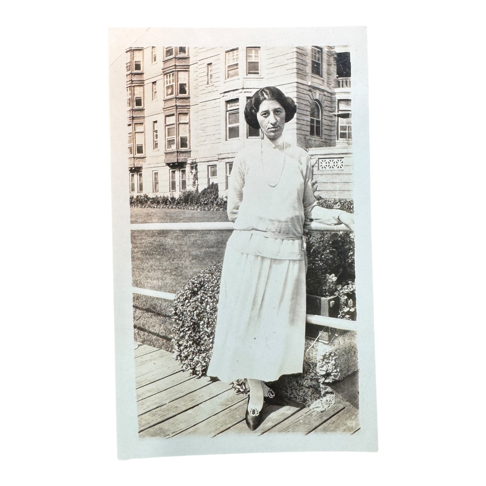 VTG 1920s Snapshot Photo Woman in Drop Waist Dress Urban Architecture Original