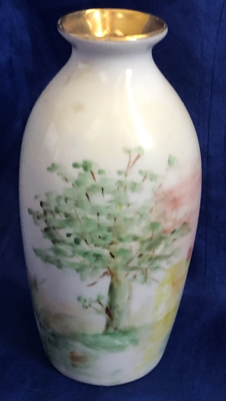 Antique 1924 Hand Painted Vase Trees House Lake Bridge Gilding Artist Signed