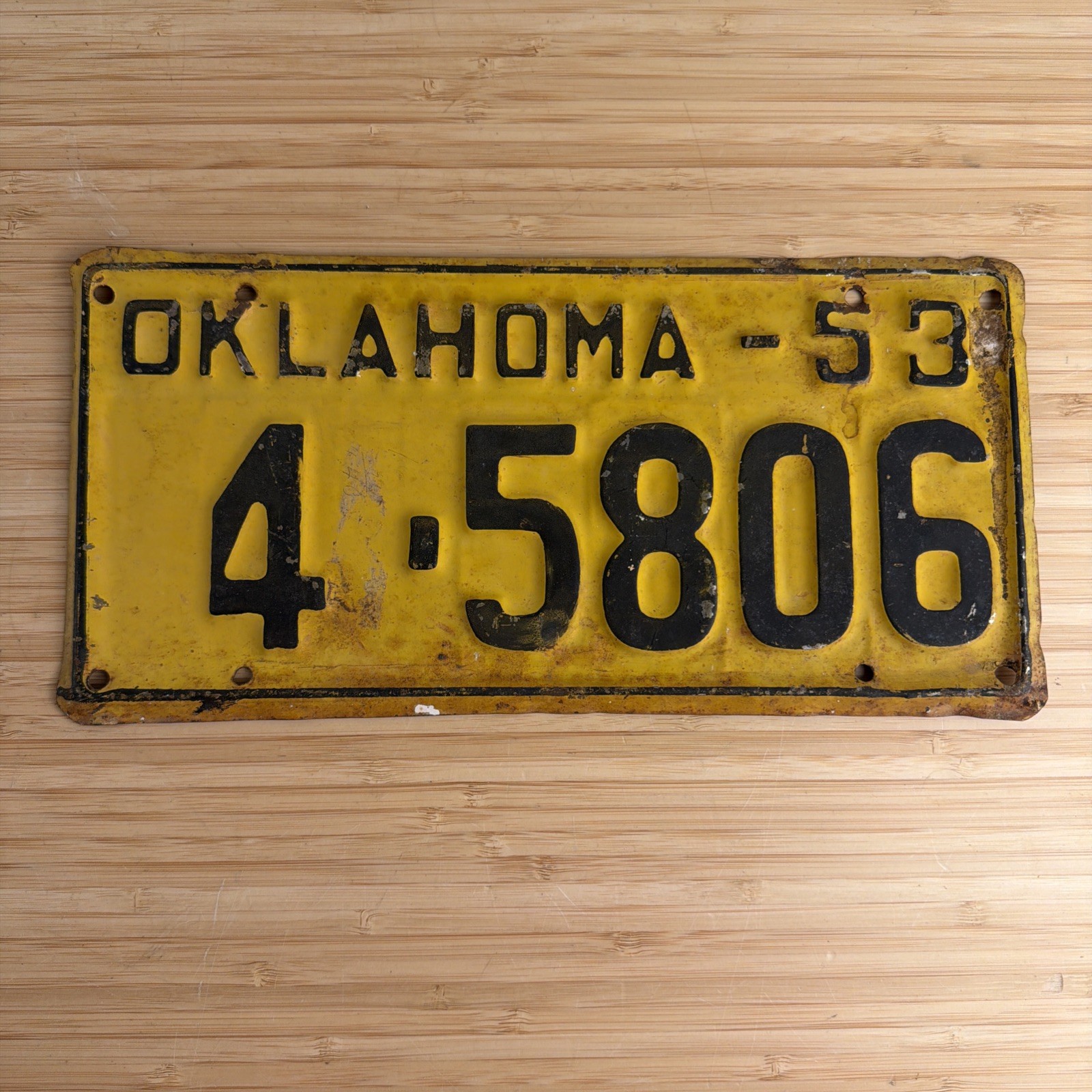 Vintage 1953 OKLAHOMA License Plate 4 - 5806 Yellow & Black