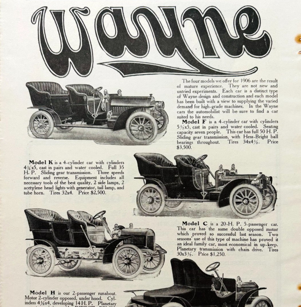 1906 Wayne Models H C K F Advertisement Automobile Classic Antique Cars Detroit