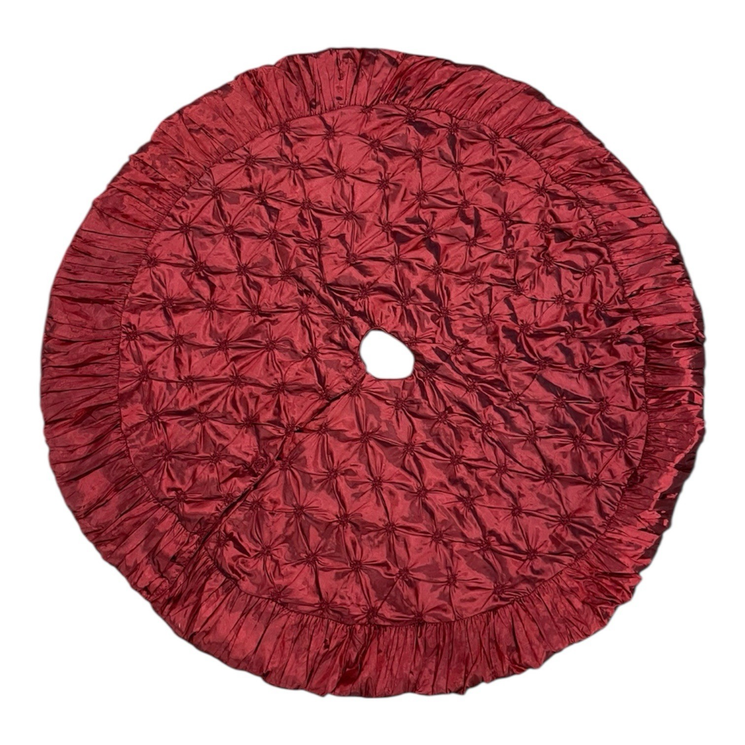 Vintage Satin Pintuck Christmas Tree Skirt Ruffled Burgundy 48” Round