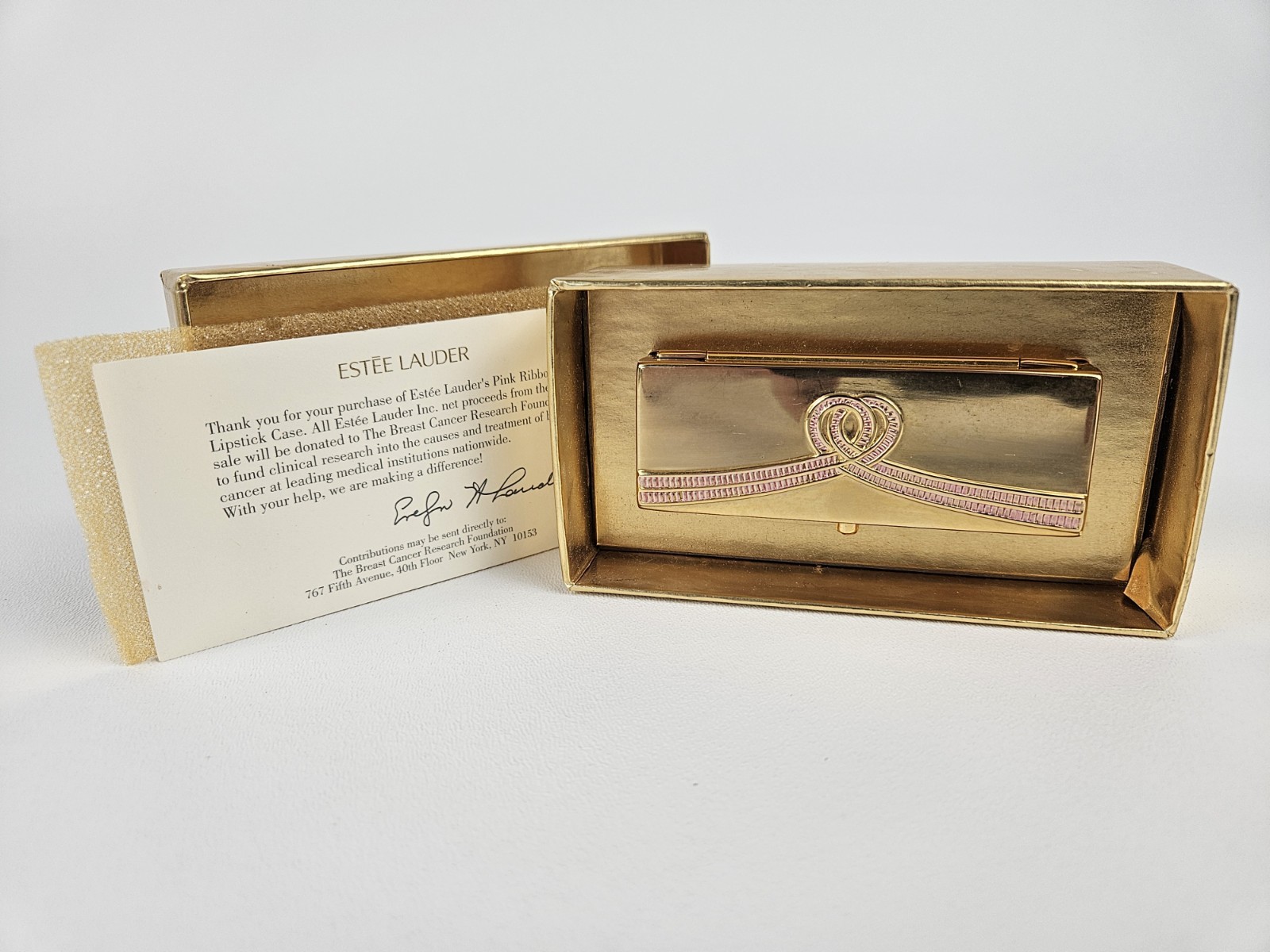Vtg Estee Lauder Gold Pink Ribbon Lipstick Case Holder Compact w/ Mirror Org Box